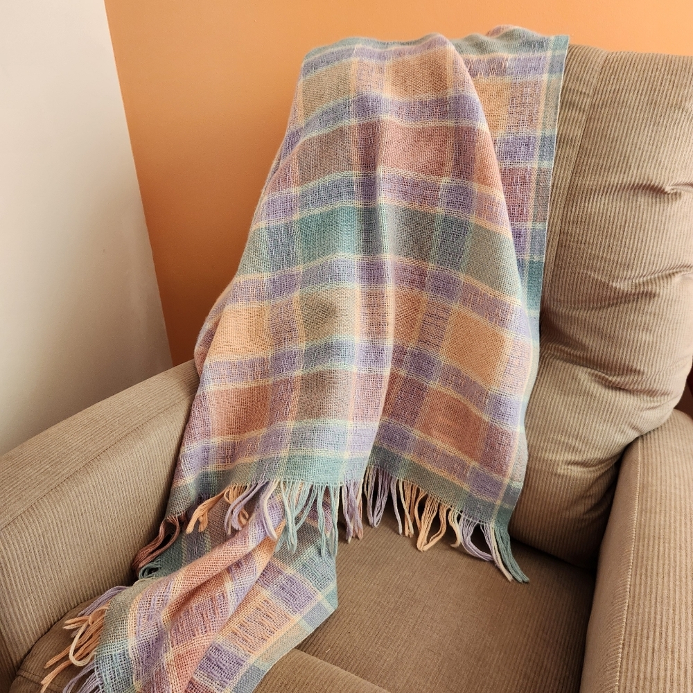 Vintage FARIBO Blanket Throw Woven Wool Blend Pink Blue Plaid Made USA 50 x 50